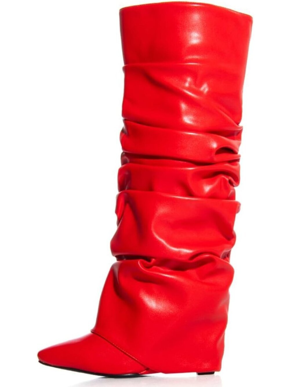 Women's Red Covered Wedge Heel Patent Wide Calf Pointed Toe Knee High Boot